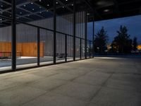 outside patio in evening with trees and lights near doors and benches, glass wall to side