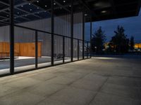 outside patio in evening with trees and lights near doors and benches, glass wall to side