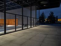 outside patio in evening with trees and lights near doors and benches, glass wall to side