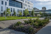 a city street surrounded by grass and tall buildings at the end of a street there is a paved pathway in front of the building