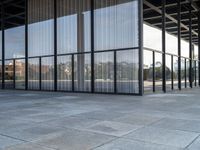 glass walls and windows in an empty room with a skateboarder on a platform