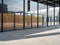 an empty sidewalk between two large windows that have glass panels on them to provide privacy