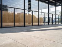 an empty sidewalk between two large windows that have glass panels on them to provide privacy