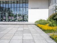 a walkway leading up to an office building with several doors in front of it and signs on the side