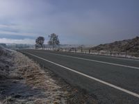 an empty country road is next to a dry field with trees on it with a blue sky in the background