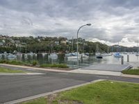 a body of water with several boats docked in it and a street light standing next to the water