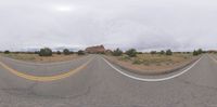 two identical photos of a road with an old red building behind them at the bottom