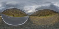 two images of a curved road between a mountain and the road with no cars on it