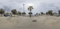 a panorama photo of a skateboard park with palm trees and parked cars in it