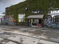 there are a lot of plants in this picture, with graffiti all over it and people walking along the street