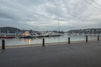 a harbor with several boats in the water and a man riding on the bike, with power lines over the water