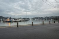 a harbor with several boats in the water and a man riding on the bike, with power lines over the water