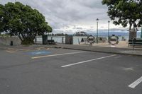 a street next to a parking space with benches and trees near it in front of the water