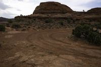 dirt covered landscape with a rocky cliff in the background and sparse brush on ground below