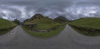 the mountains, and bridge are shown in 3d images from a 360 - vr camera