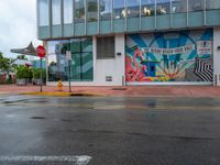 the wall on the building is covered with large murals and a yellow stop sign on a wet road