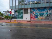 the wall on the building is covered with large murals and a yellow stop sign on a wet road