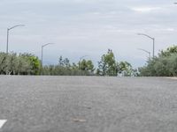 a skate boarder skating on a road in the woods, with street lights in background