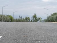 a skate boarder skating on a road in the woods, with street lights in background