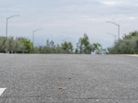 a skate boarder skating on a road in the woods, with street lights in background