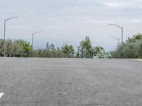 a skate boarder skating on a road in the woods, with street lights in background