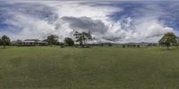 a view of a farm with cows grazing in it and clouds overhead above it that are overcasted and slightly dark