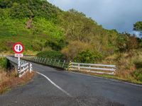 a stop sign is on the side of a bridge over a creek and grassy hills