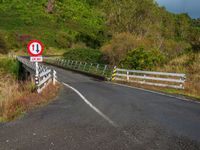 a stop sign is on the side of a bridge over a creek and grassy hills