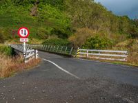 a stop sign is on the side of a bridge over a creek and grassy hills