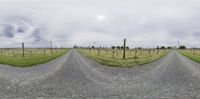 three images of a curved road in an empty field and telephone poles on the sides