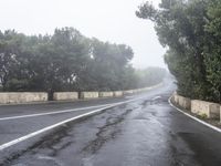 a paved road next to trees with a sky background in the middle of it and fog around it