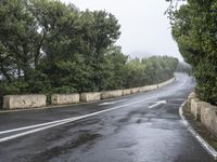 a paved road next to trees with a sky background in the middle of it and fog around it