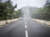 the photo is blurred with the focus on the road and trees as well as the cars