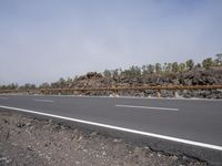 a empty roadway with a big pile of black rocks on it and a line of trees