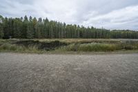 a dirt field with a small lake near it near a forest of trees and a small pond