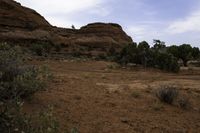 a dirt track running through a mountain with grass and trees along the sides, and a distant rocky landscape