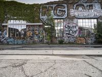 graffiti covers the wall at an abandoned factory, along with vines growing up the side