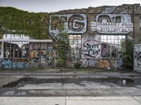 graffiti covers the wall at an abandoned factory, along with vines growing up the side