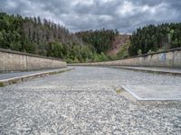 concrete walkway with trees and fenced in area on opposite sides of the road and one side of the road