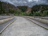 concrete walkway with trees and fenced in area on opposite sides of the road and one side of the road