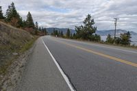 road with yellow lines in the middle and mountains in the background with a few pine trees