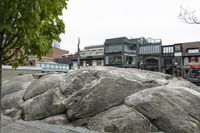 large rocks in the street near several buildings and trees are surrounded by green leaves on a cloudy day