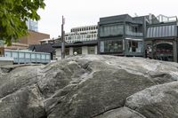 large rocks in the street near several buildings and trees are surrounded by green leaves on a cloudy day