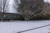 an abandoned train sits parked on snow covered tracks in the woods between trees and bare branches