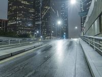 Night view of Los Angeles cityscape with modern architecture and glowing street lights