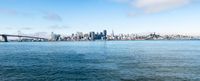 a large body of water surrounded by buildings and a city skyline on a bright day