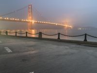 a white line marking on the street to the ground with a golden gate bridge in the background