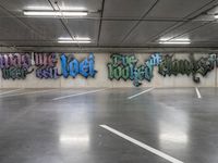 the graffiti on the wall is painted on to the cement wall of an underground parking garage