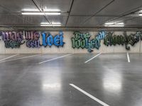 the graffiti on the wall is painted on to the cement wall of an underground parking garage