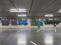 the graffiti on the wall is painted on to the cement wall of an underground parking garage